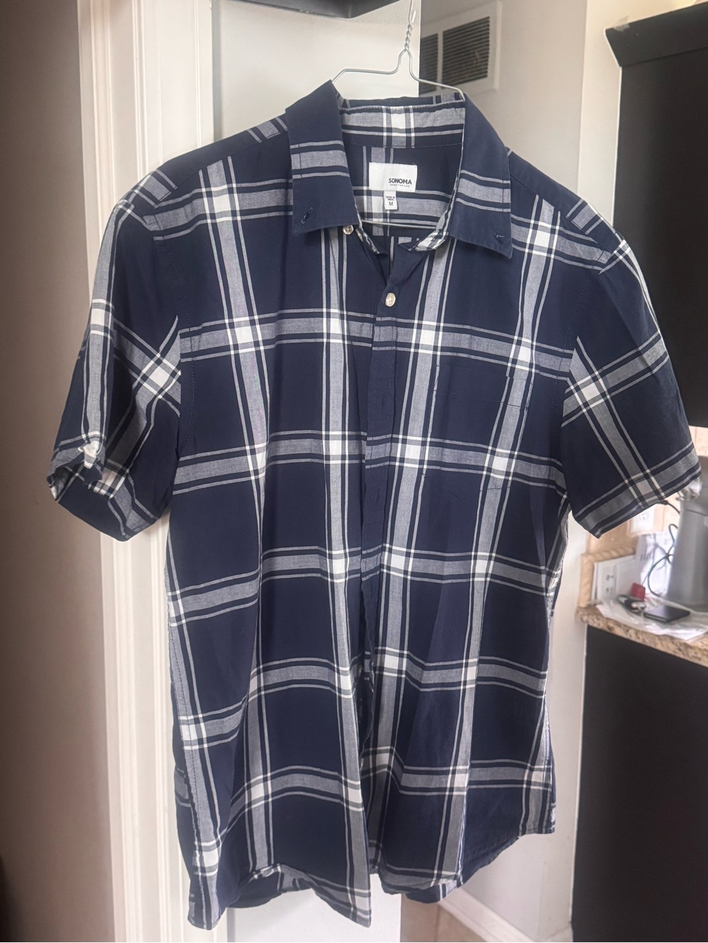 Sonoma Navy and White Plaid Short Sleeve Button-Down Shirt